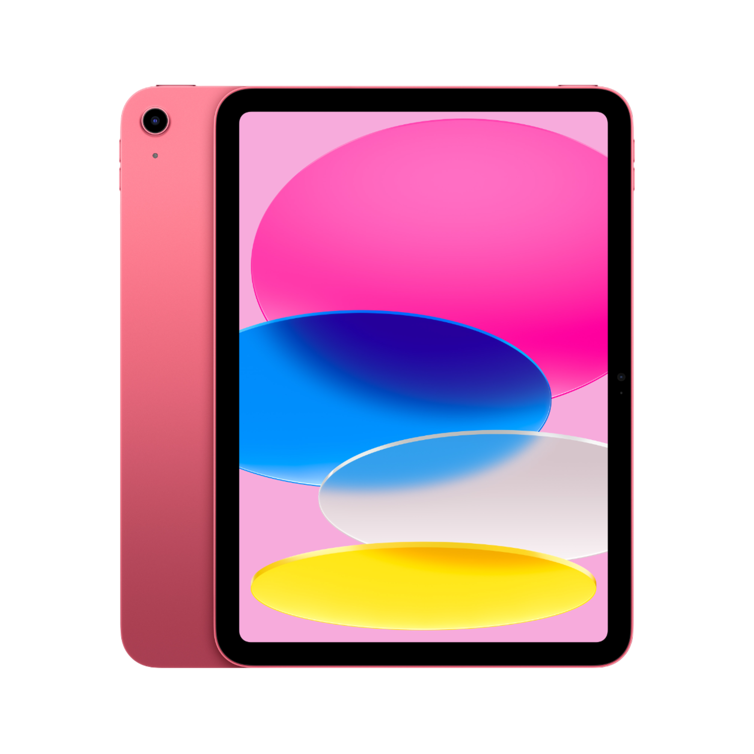 Roze iPad. Het scherm toont kleurrijke vormen: roze, blauw, wit en geel. Zwarte rand.