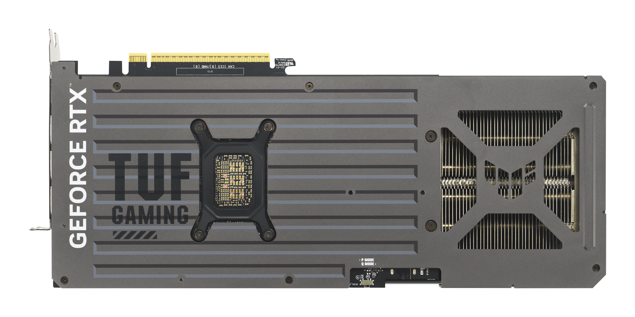 Eine schwarze und graue Computer-Grafikkarte. Die Worte TUF GAMING und GEFORCE RTX sind sichtbar.