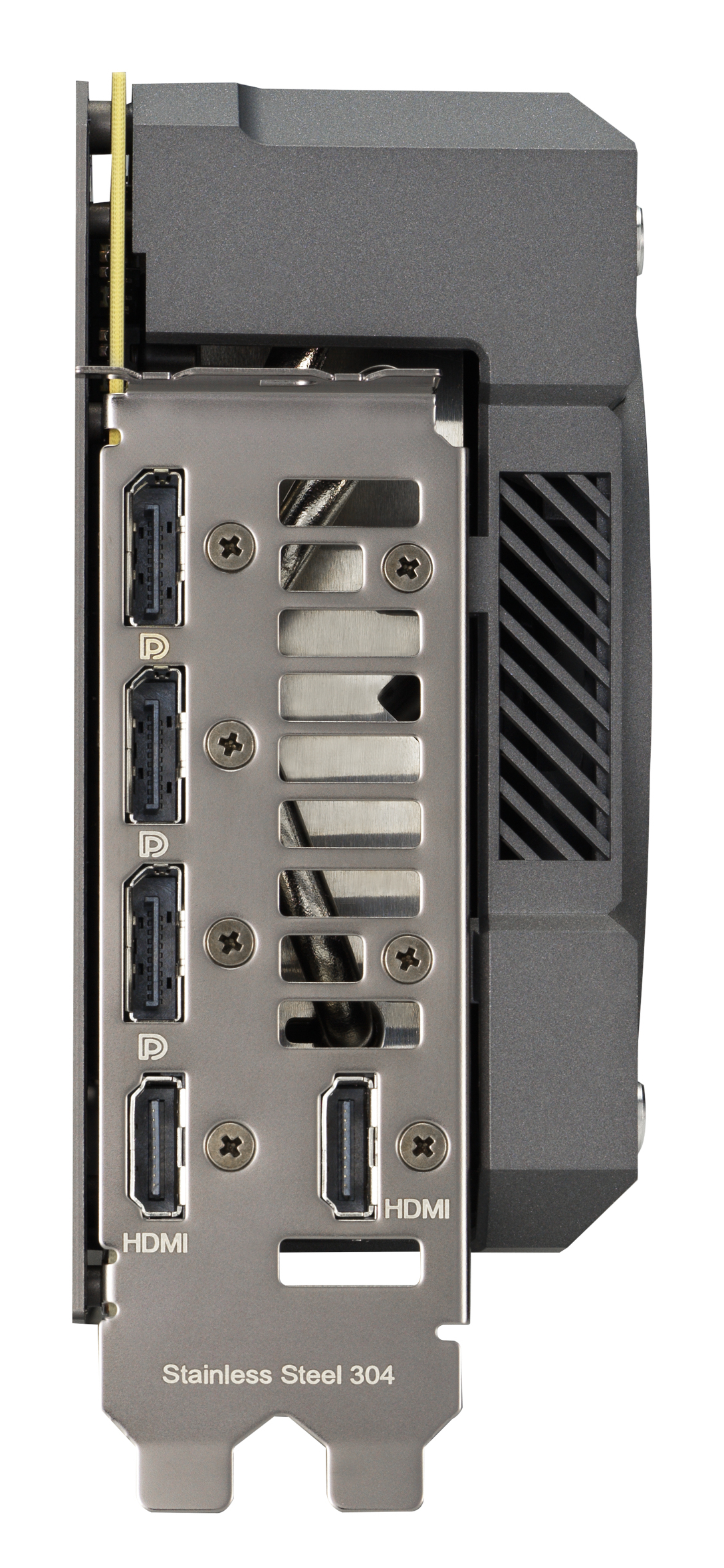 Eine silber-schwarze Grafikkarte mit mehreren HDMI-Anschlüssen.