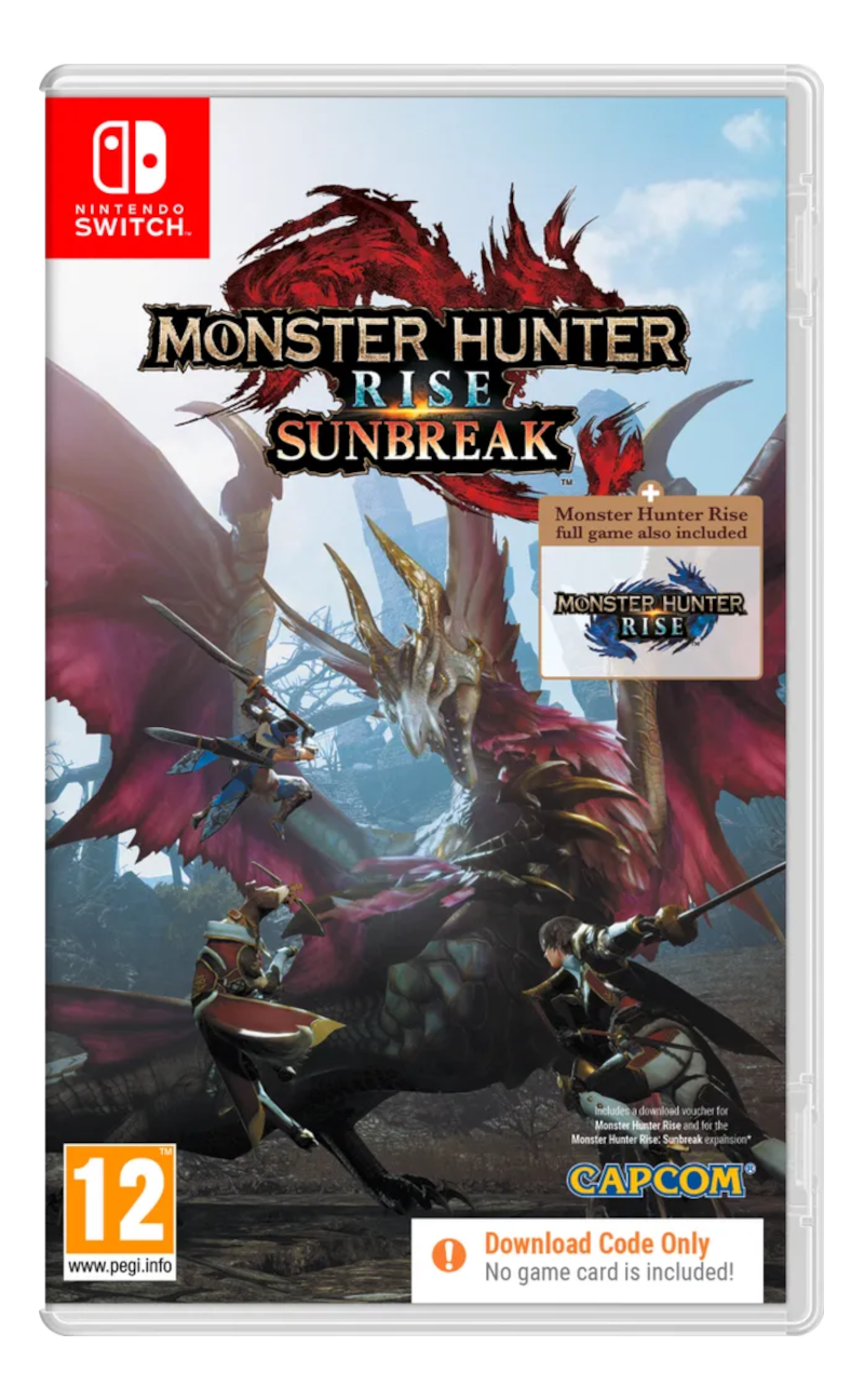 Monster Hunter Rise Sunbreak Spielhülle mit einem Monster und Kriegern. Es enthält einen Download-Code.