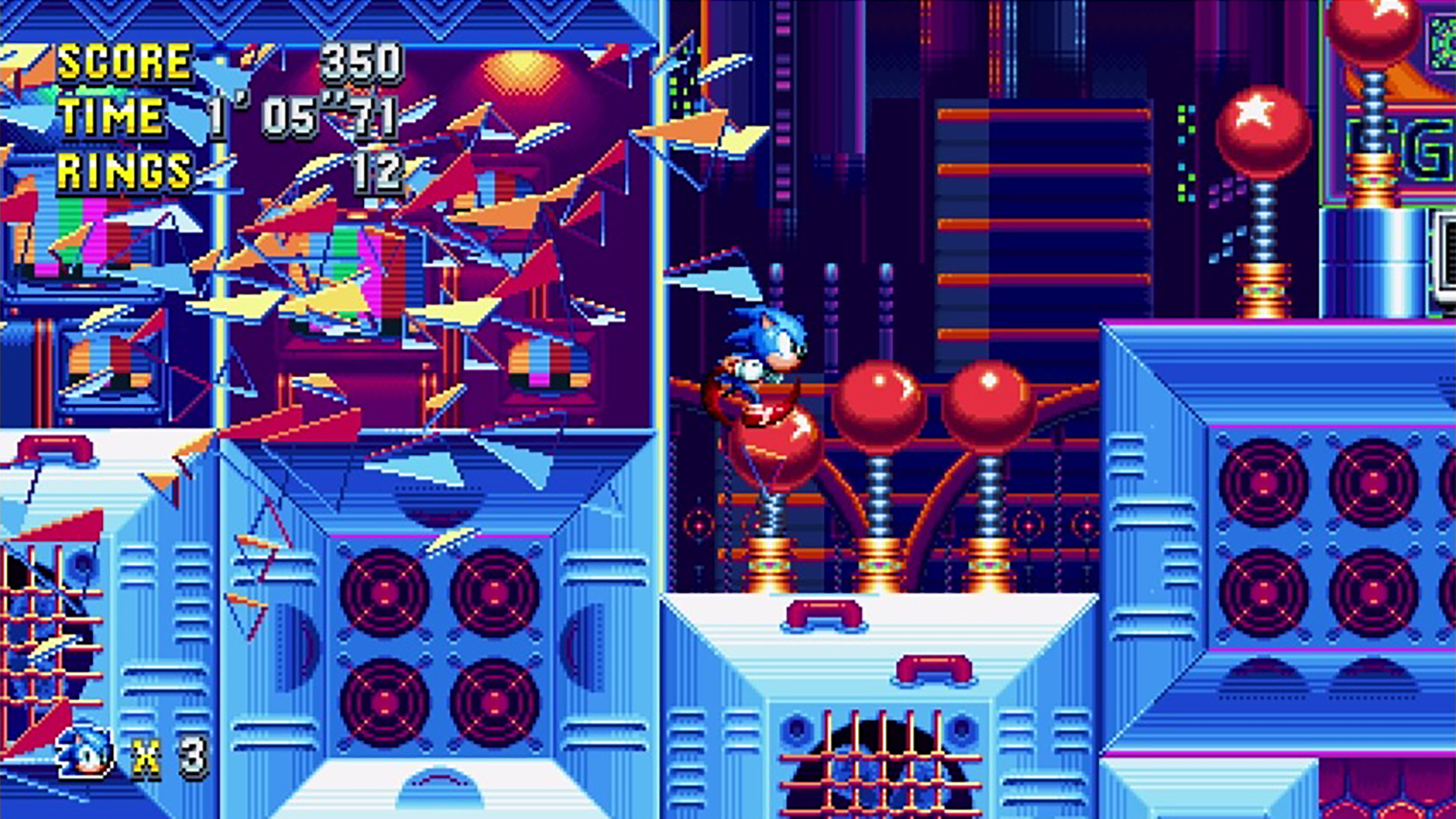 Sonic in una scena di gioco retrò blu e viola. Corre su un tubo rosso. Detriti volanti riempiono l'aria.