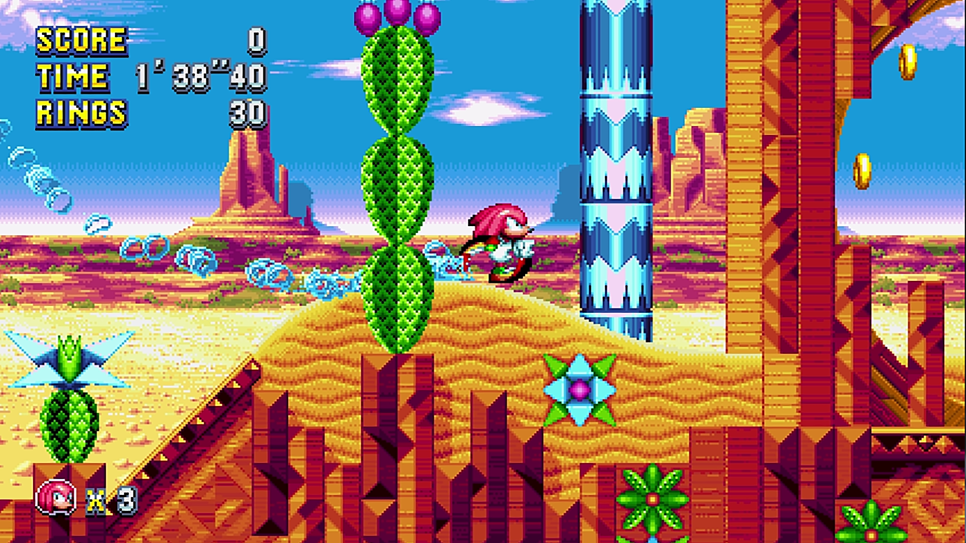 Una scena del gioco Sonic con Knuckles che corre, con cactus e scie d'acqua.