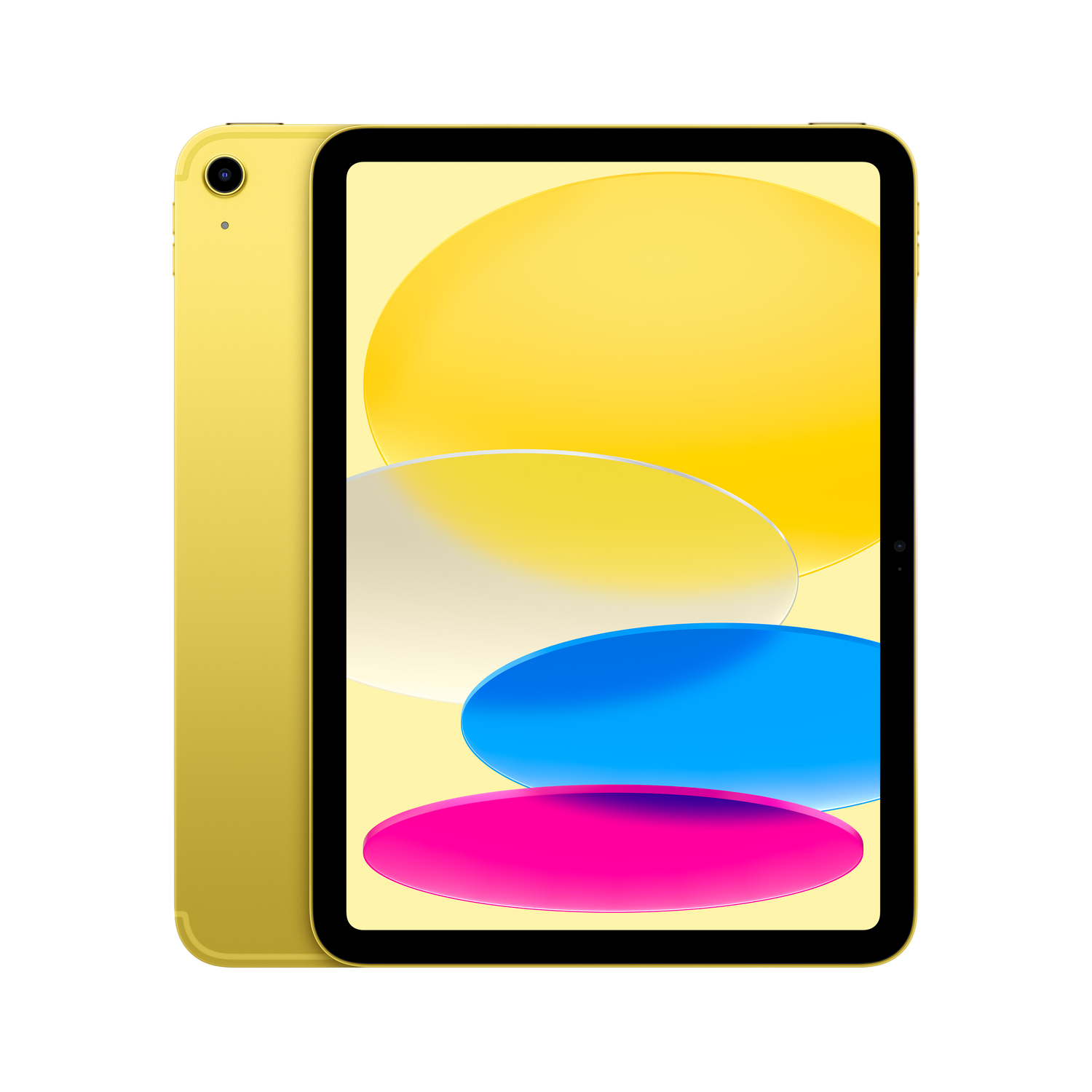 Gele tablet met zwart scherm en camera.