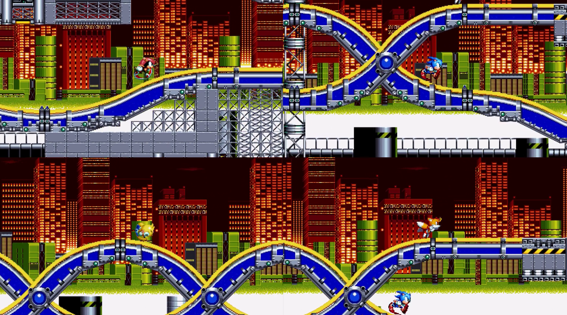 Un'immagine pixelata di una scena di videogioco con Sonic the Hedgehog e altri personaggi.