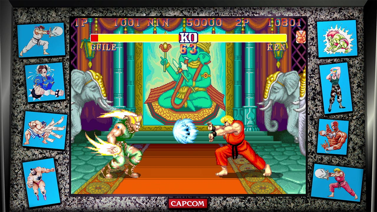 Uno schermo di un videogioco che mostra due personaggi in un gioco di combattimento. Lo sfondo è colorato.