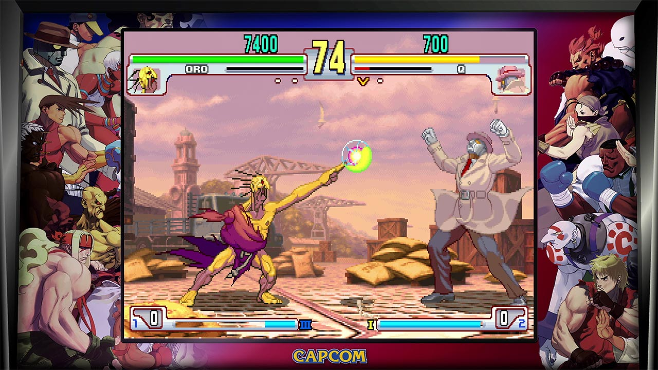 Scena di un gioco di combattimento con due personaggi. Uno è giallo, l'altro con un cappello.