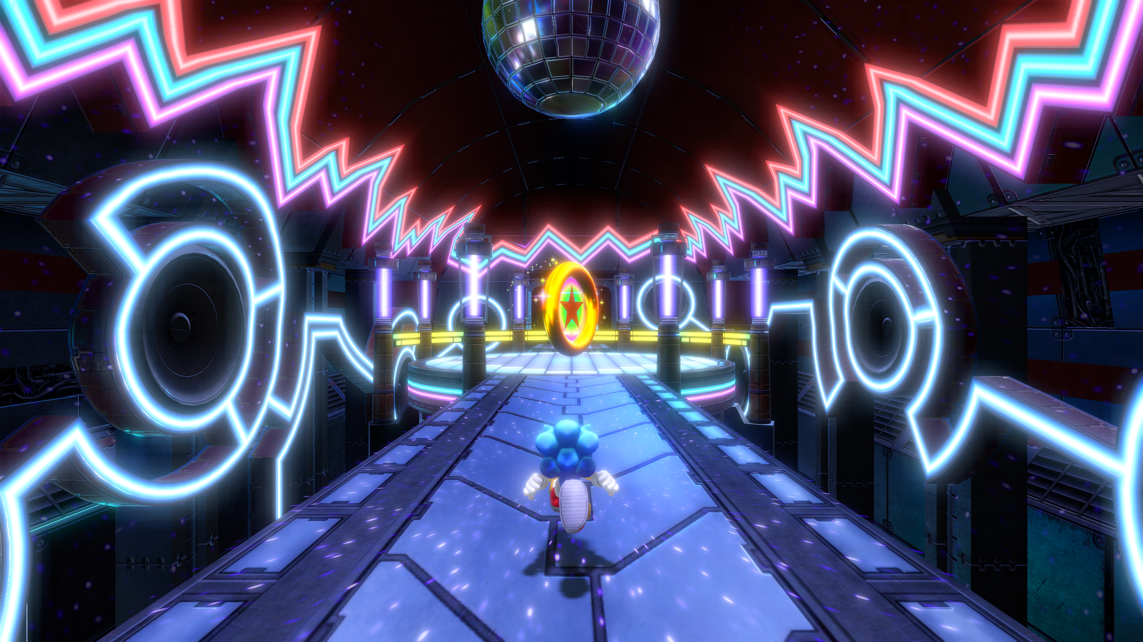 Sonic in una discoteca al neon. Luci colorate, pavimento riflettente.