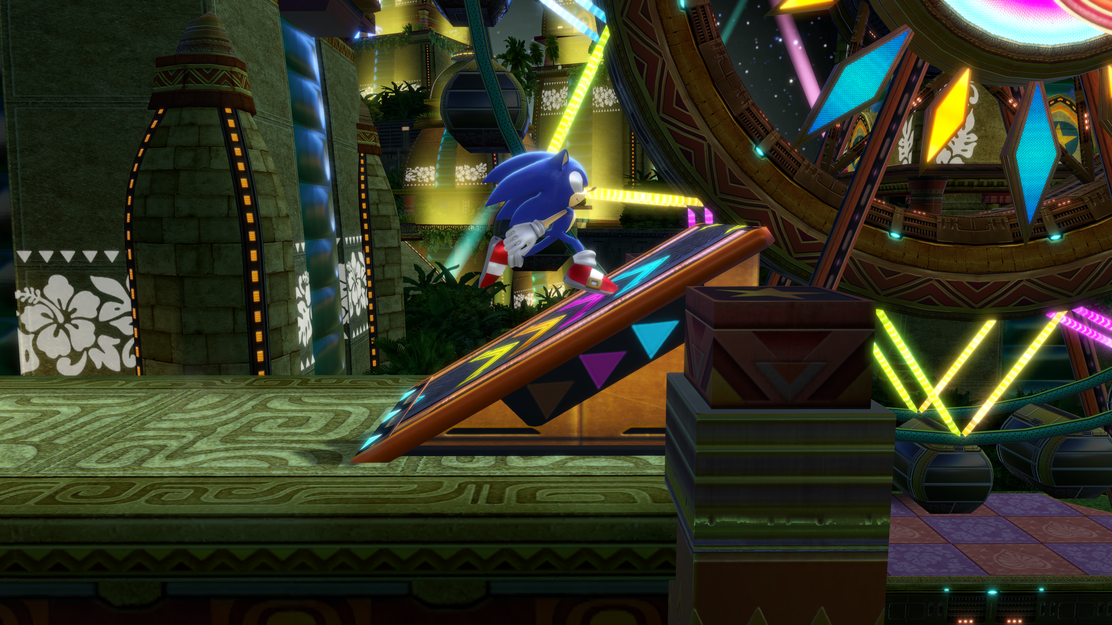 Sonic the Hedgehog su uno skateboard su una piattaforma in un ambiente di gioco colorato.