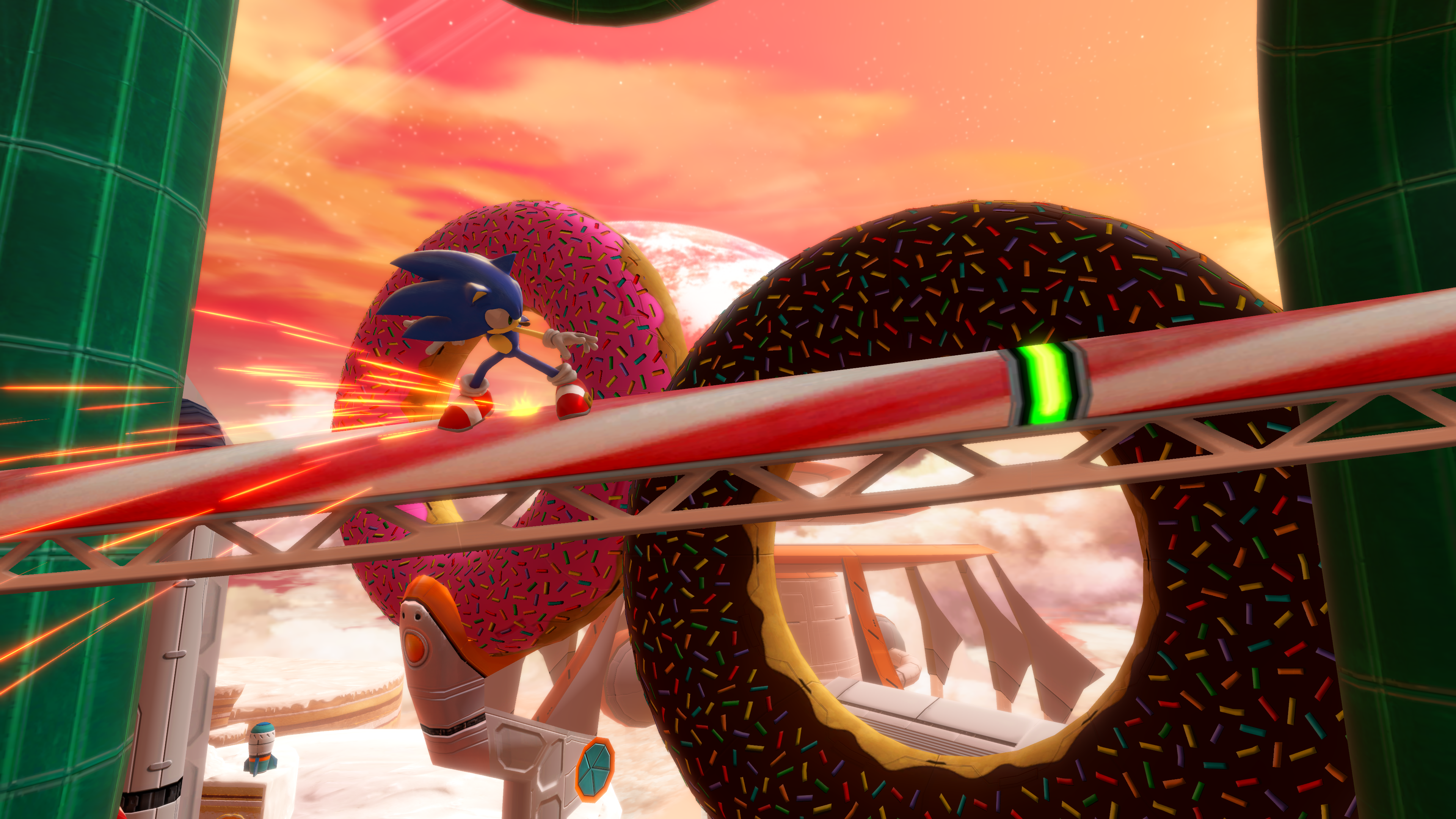 Sonic the Hedgehog corre su una pista fatta di ciambelle. Ambiente di gioco video luminoso e colorato.
