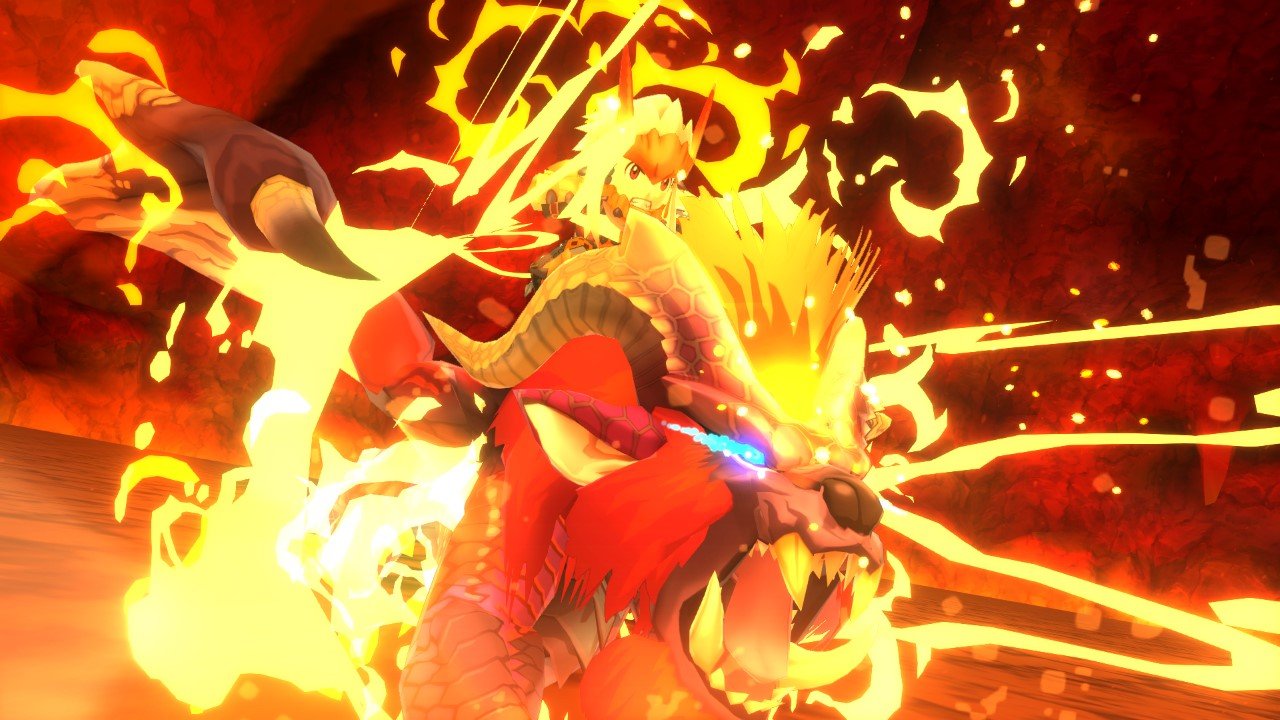 Un dragon avec des flammes autour de lui et un personnage chevauchant son dos, dans une scène de feu.