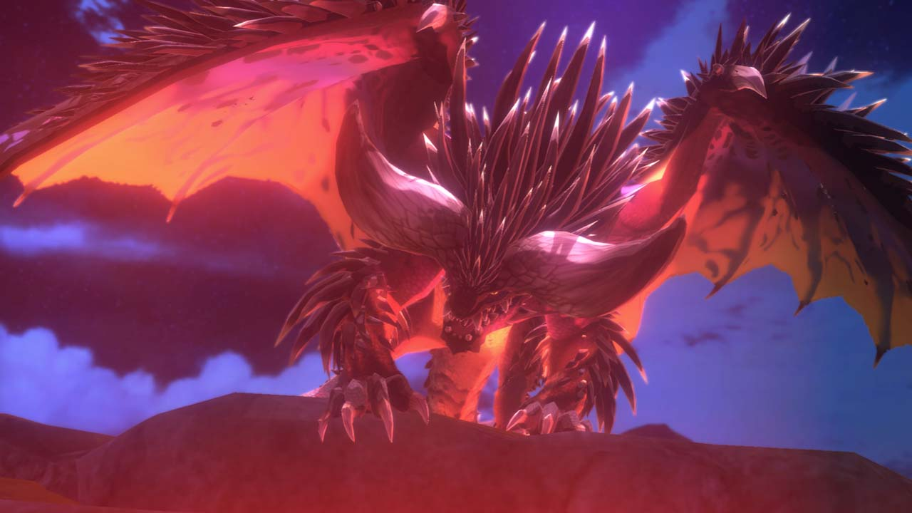 Un dragon rouge rugit avec de grandes ailes sur un coucher de soleil.