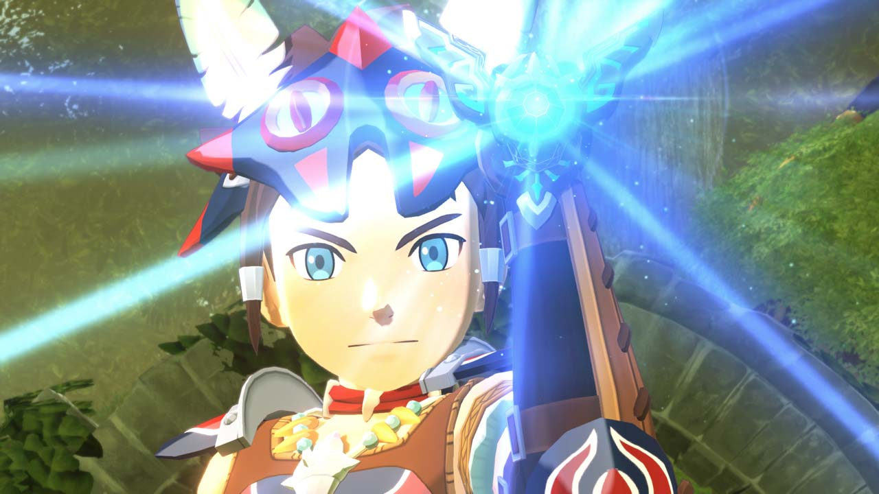 Un personnage de dessin animé tenant une arme brillante, gros plan sur le visage. Le personnage a les yeux bleus et porte une armure.