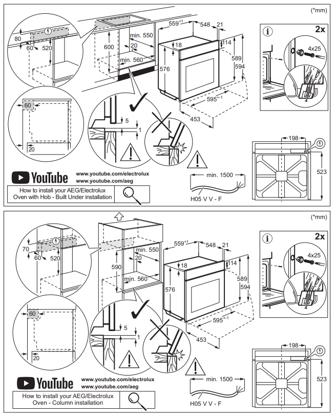 Diagramok beépített sütőhöz és oszlopsütőhöz való szerelési útmutatókkal.