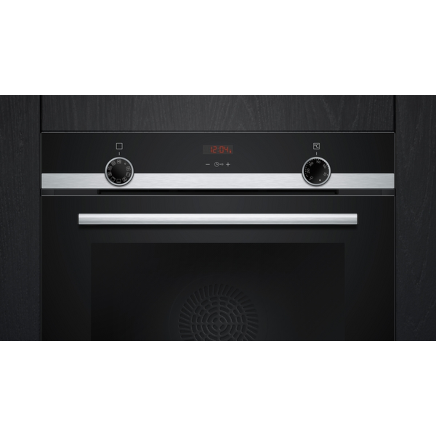Close-up of black oven with digital display showing time and controls.