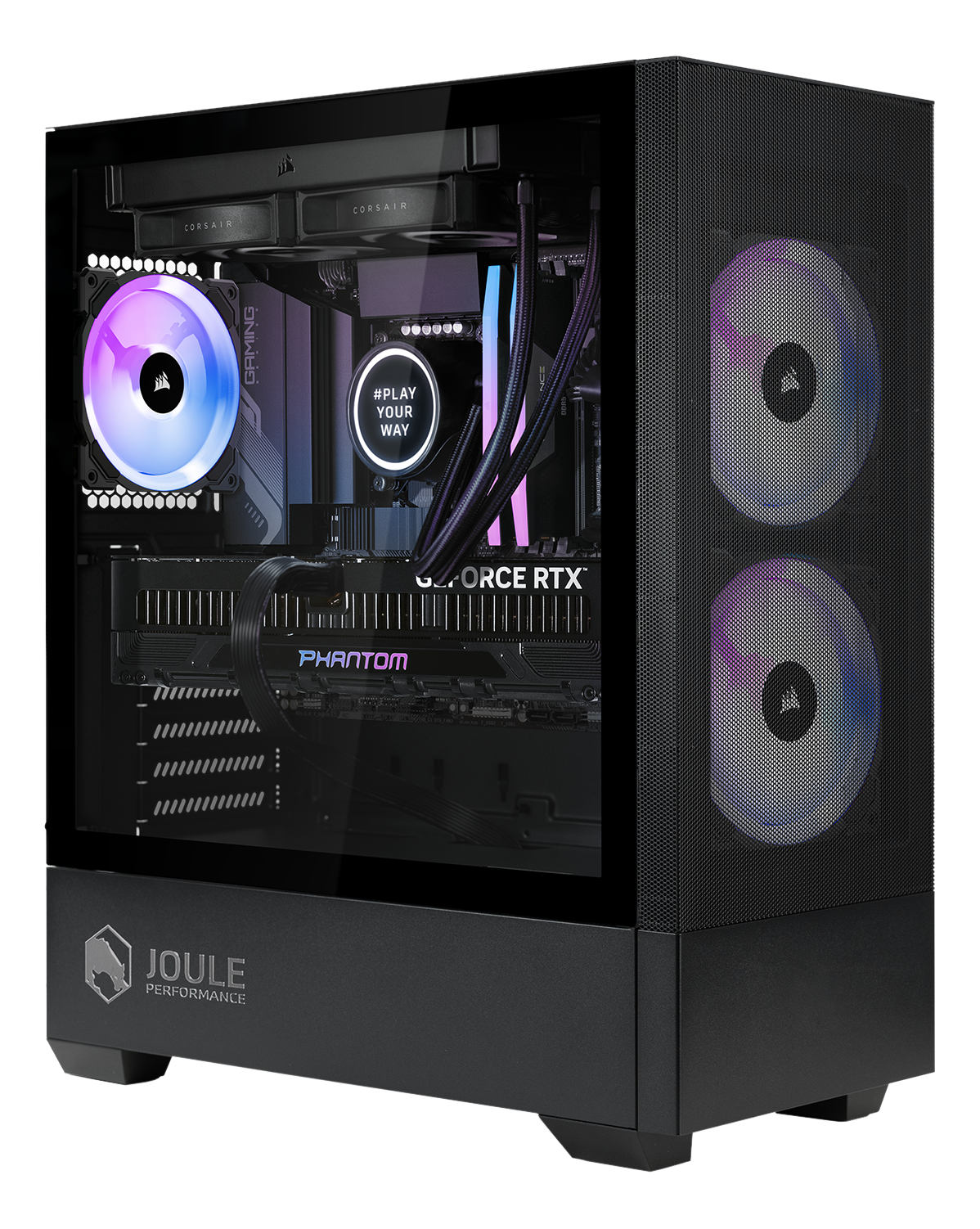Ein schwarzes PC-Gehäuse mit klarer Glasseite. Im Inneren befinden sich Lüfter, Flüssigkeitskühler und eine Grafikkarte.