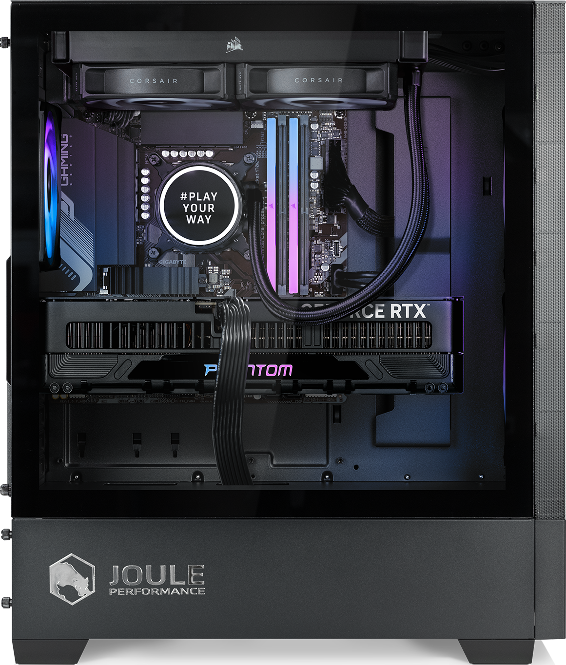Im Inneren eines Computergehäuses sind Komponenten wie GPU, CPU-Kühler und Mainboard sichtbar.