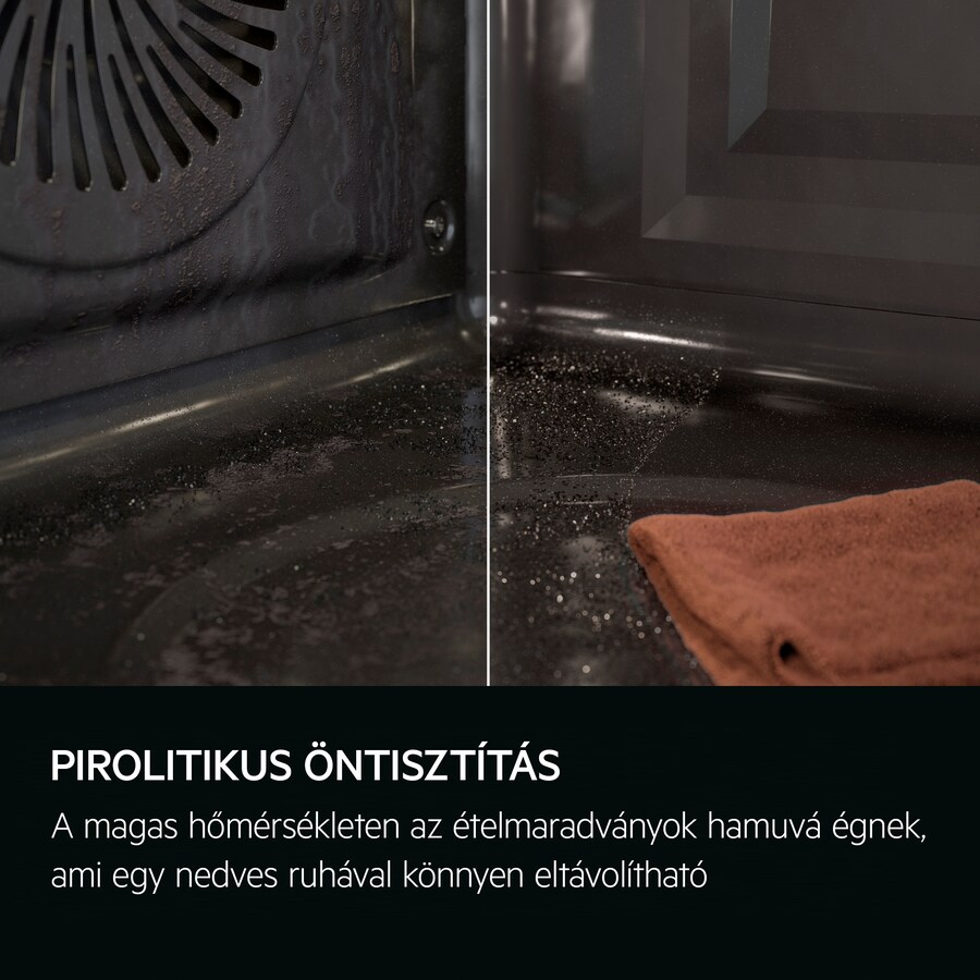 Sütő belseje. Magyar nyelvű szöveg a pirolitikus öntisztításról. Tiszta és piszkos területek láthatók.