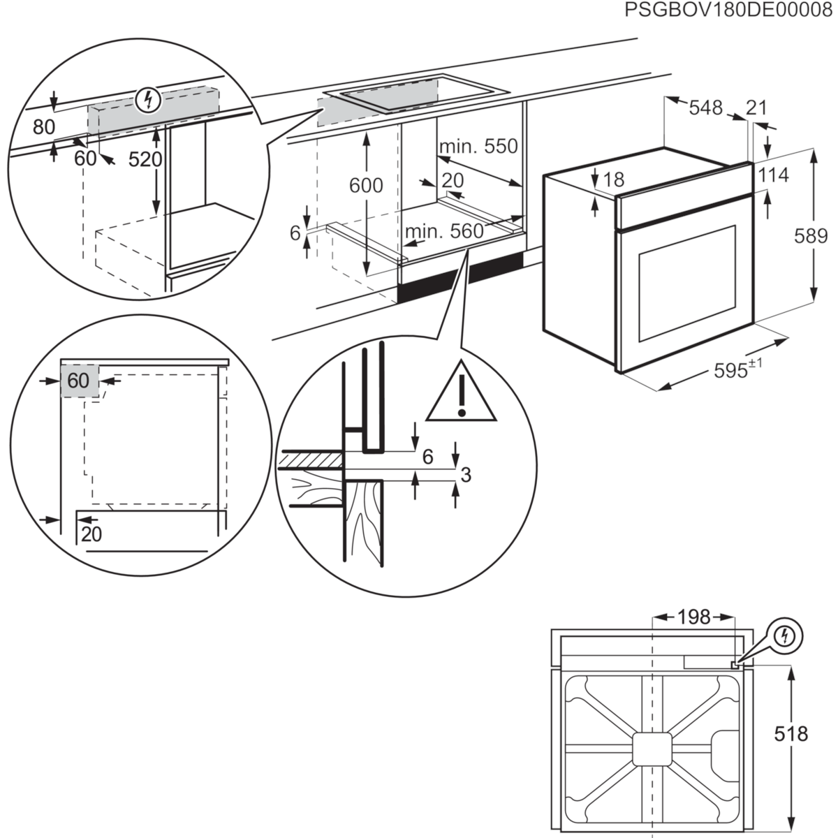 Beépített sütő diagramja méretekkel és kivágási specifikációkkal, valamint egy robbantott nézettel.