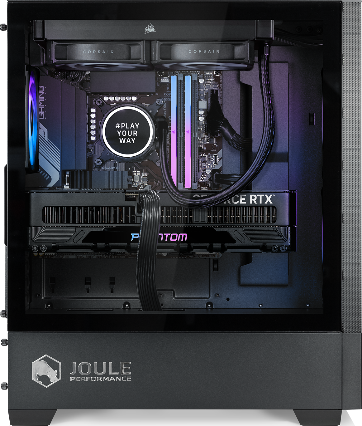 Ein PC-Gehäuse mit einer Glasseitenwand. Im Inneren sind die Komponenten sichtbar, einschließlich einer GPU.