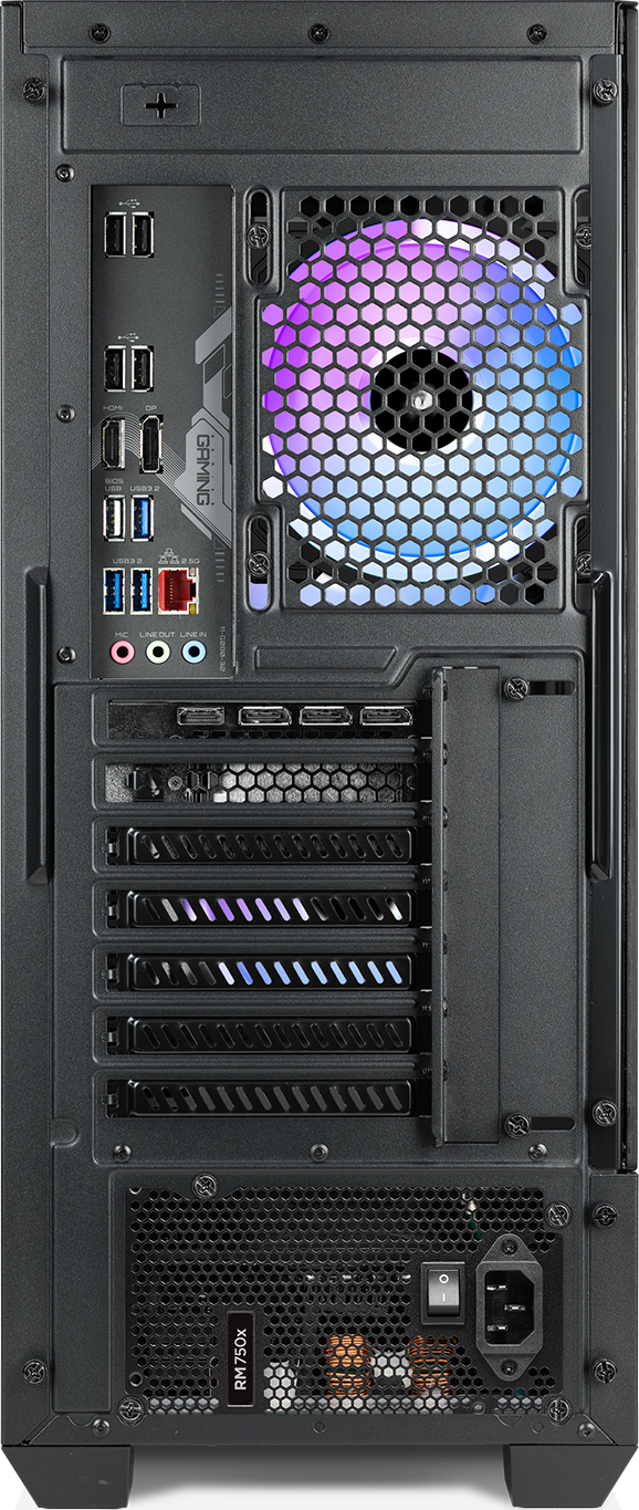 Rückseite eines schwarzen Computergehäuses mit verschiedenen Anschlüssen, einem Lüfter und einem Netzteil.