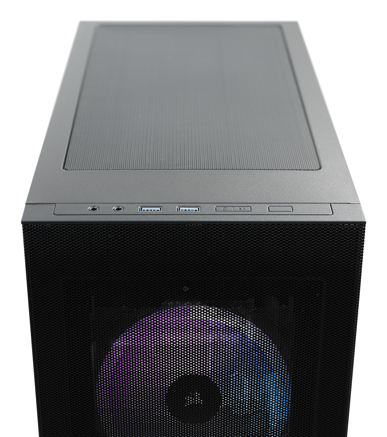 Ein schwarzes Computergehäuse mit Mesh-Front und einem Lüfter mit sichtbaren bunten Lichtern.