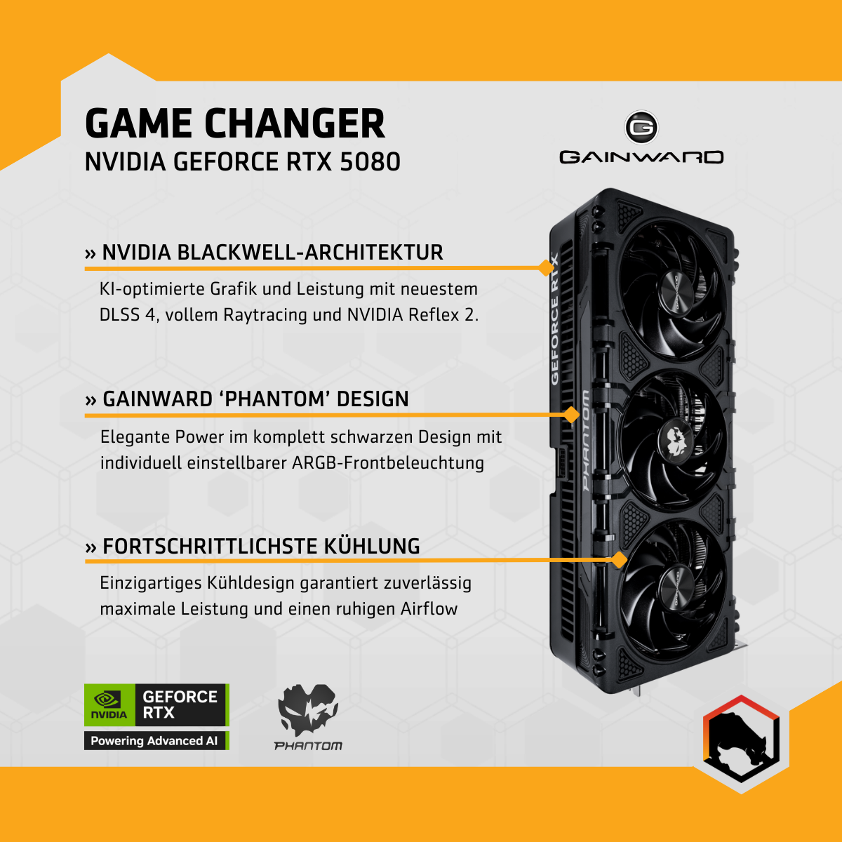 Nvidia GeForce RTX 5080 Grafikkarte, schwarzes Design, mit Funktionsdetails.