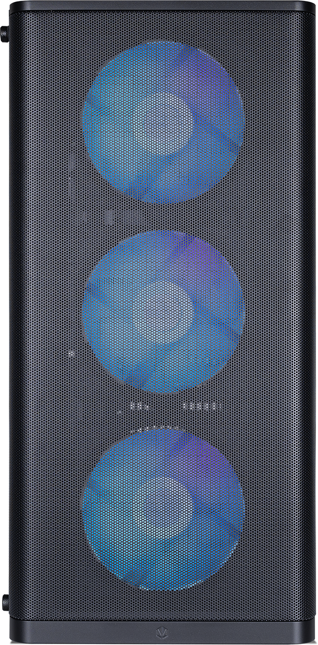 Schwarzes Computergehäuse mit drei blau beleuchteten Lüftern sichtbar.