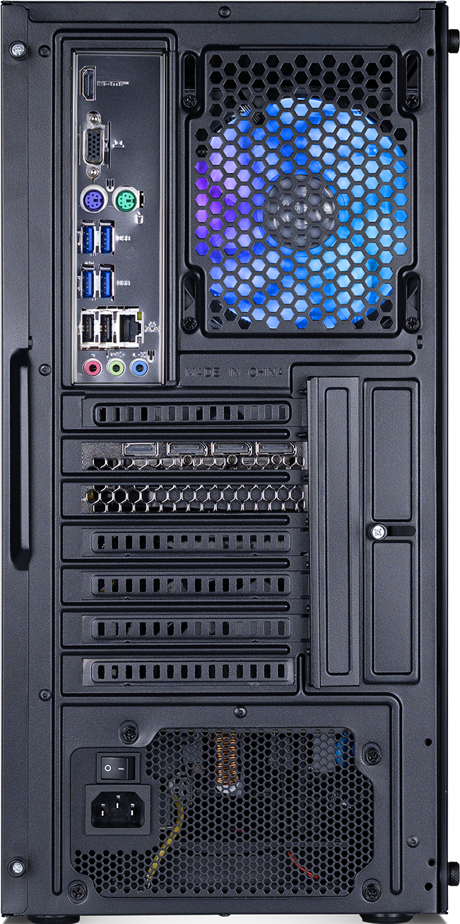 Rückansicht eines schwarzen Computergehäuses mit Anschlüssen, einem Lüfter und anderen Komponenten.