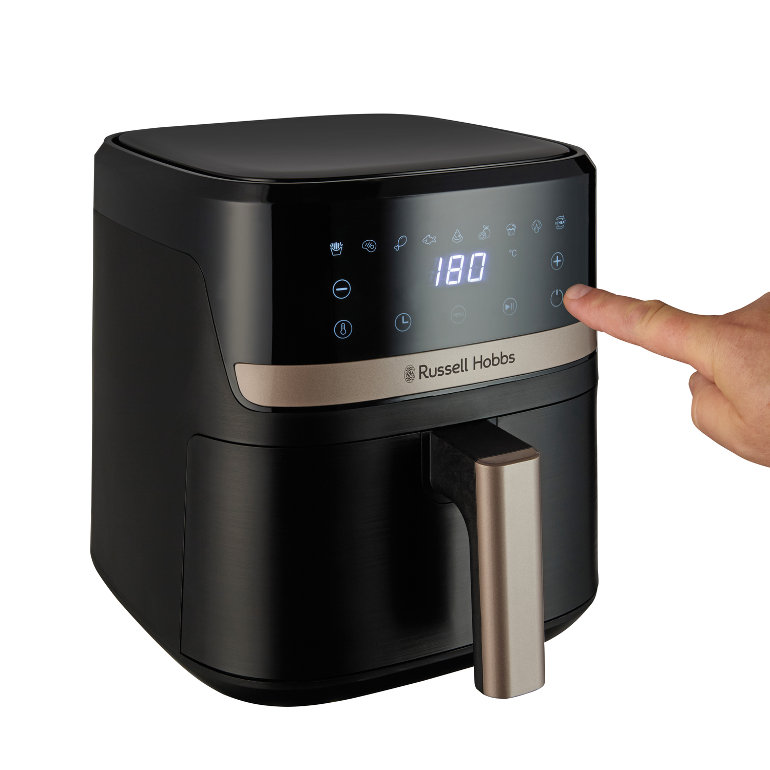 Black Russell Hobbs air fryer with a hand pressing the power button. Display shows 180 degrees. Handle is silver.