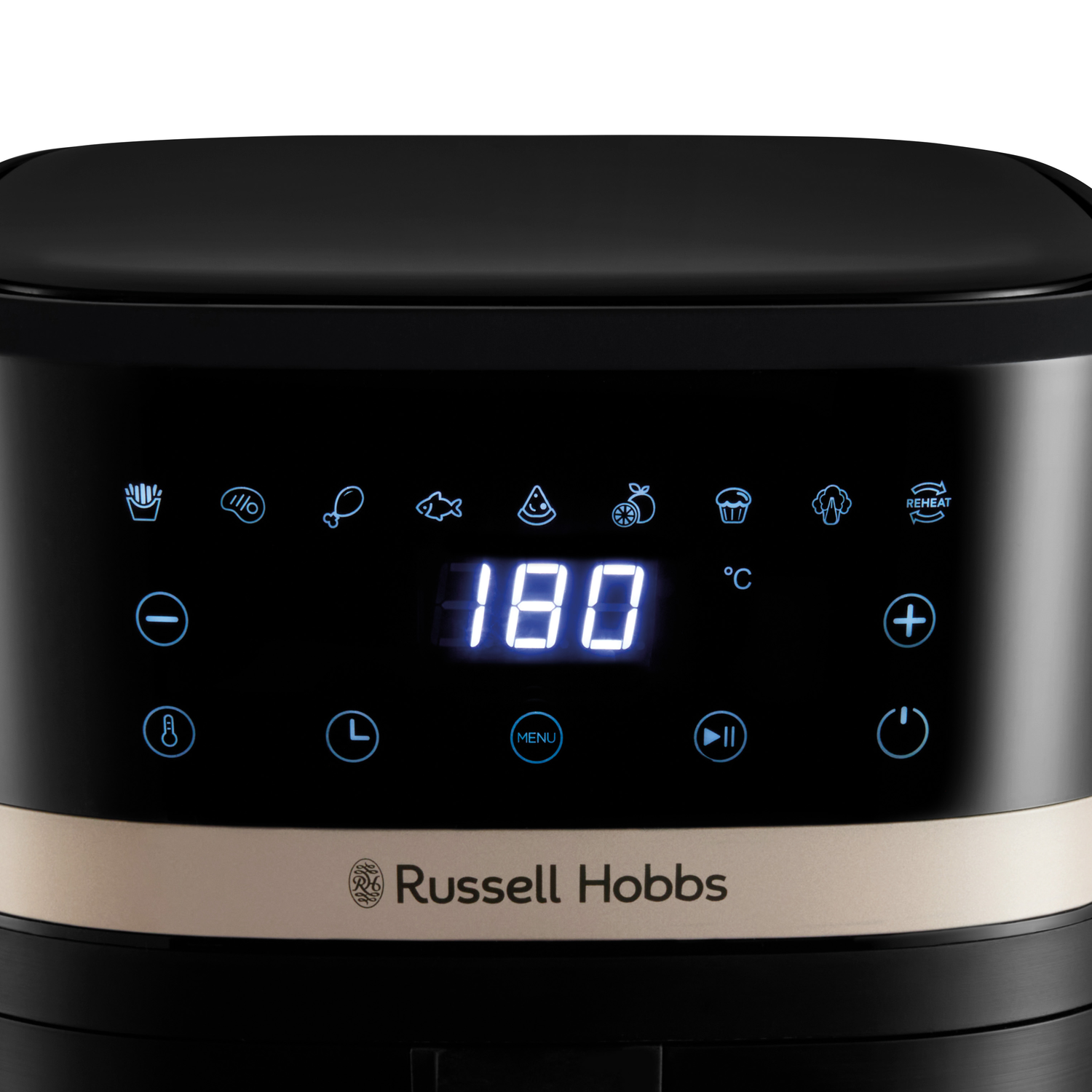 A close-up of a black air fryer control panel with a digital display showing 180°C. It has various food icons and Russell Hobbs branding.