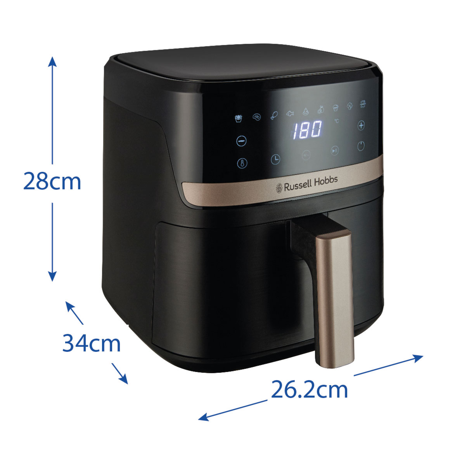 Black Russell Hobbs air fryer with digital display showing 180. Dimensions: 28cm high, 34cm wide, and 26.2cm deep.