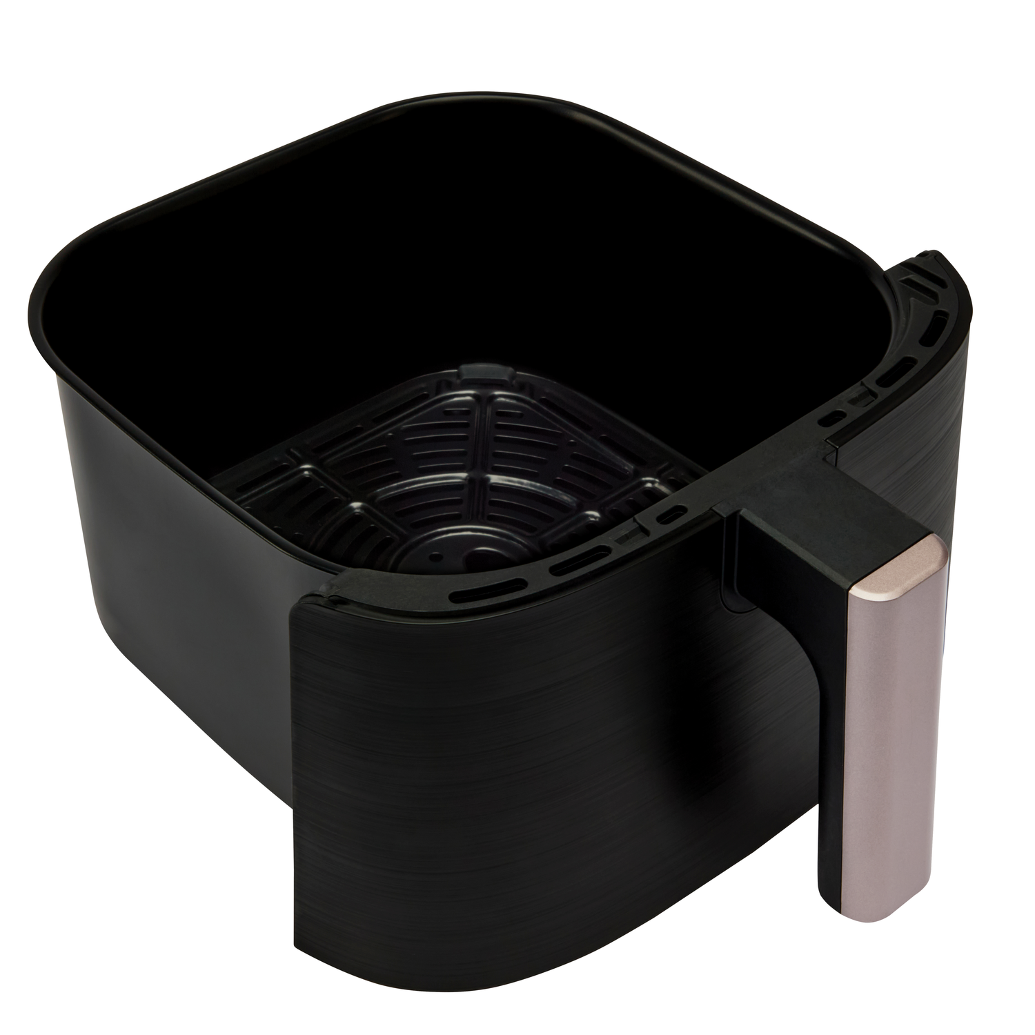 A black air fryer basket, empty, with a handle. The interior has a grill. The background is white.