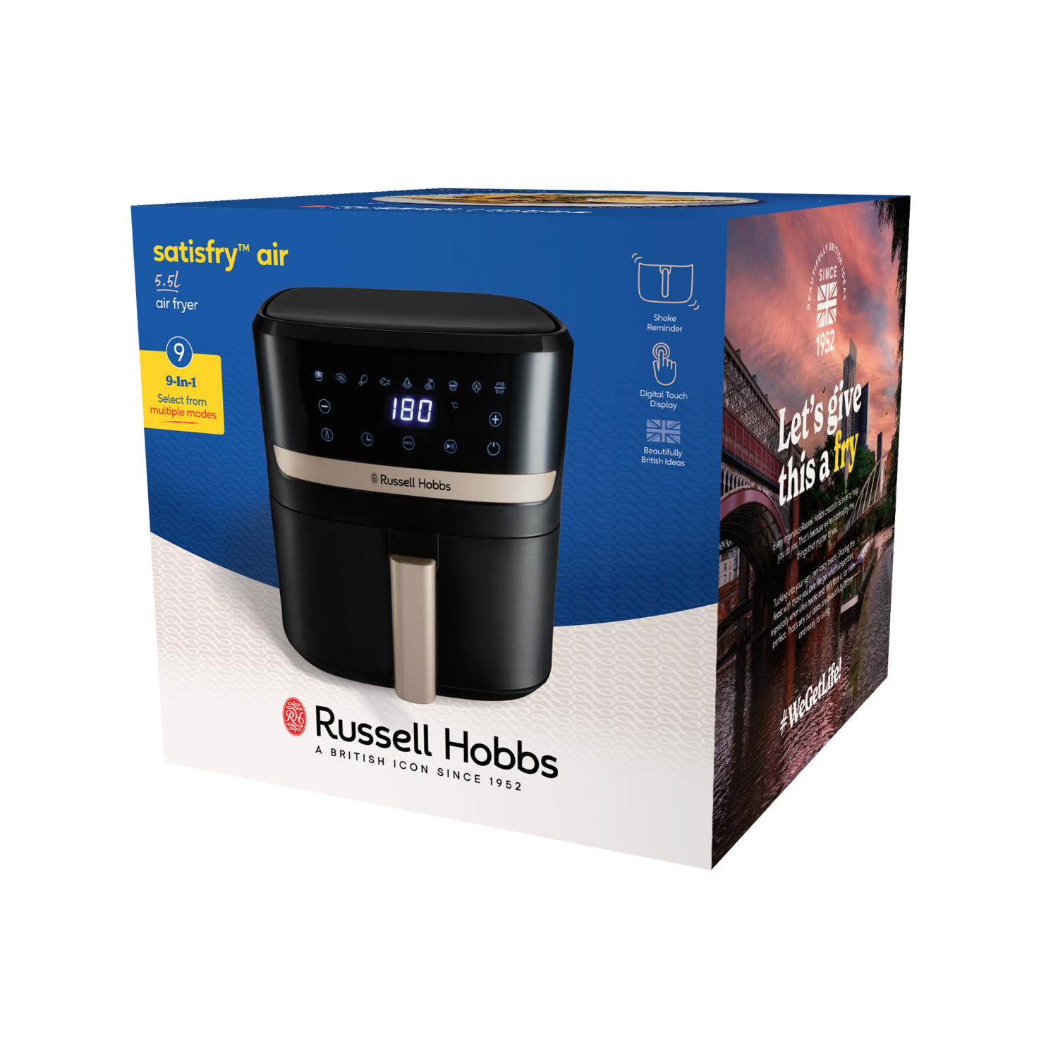 A black air fryer with a digital display, on a box with text and a bridge image. Brand is Russell Hobbs.