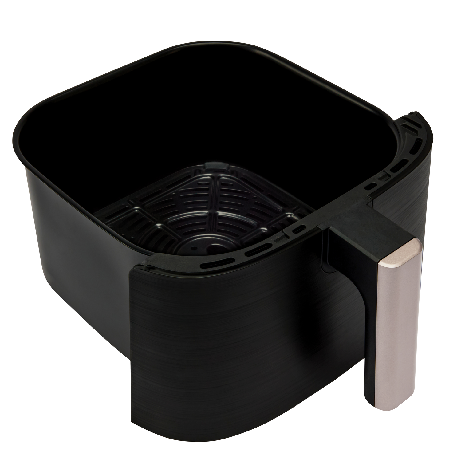 Zwarte airfryer mand met handvat en metalen accenten. Witte achtergrond.