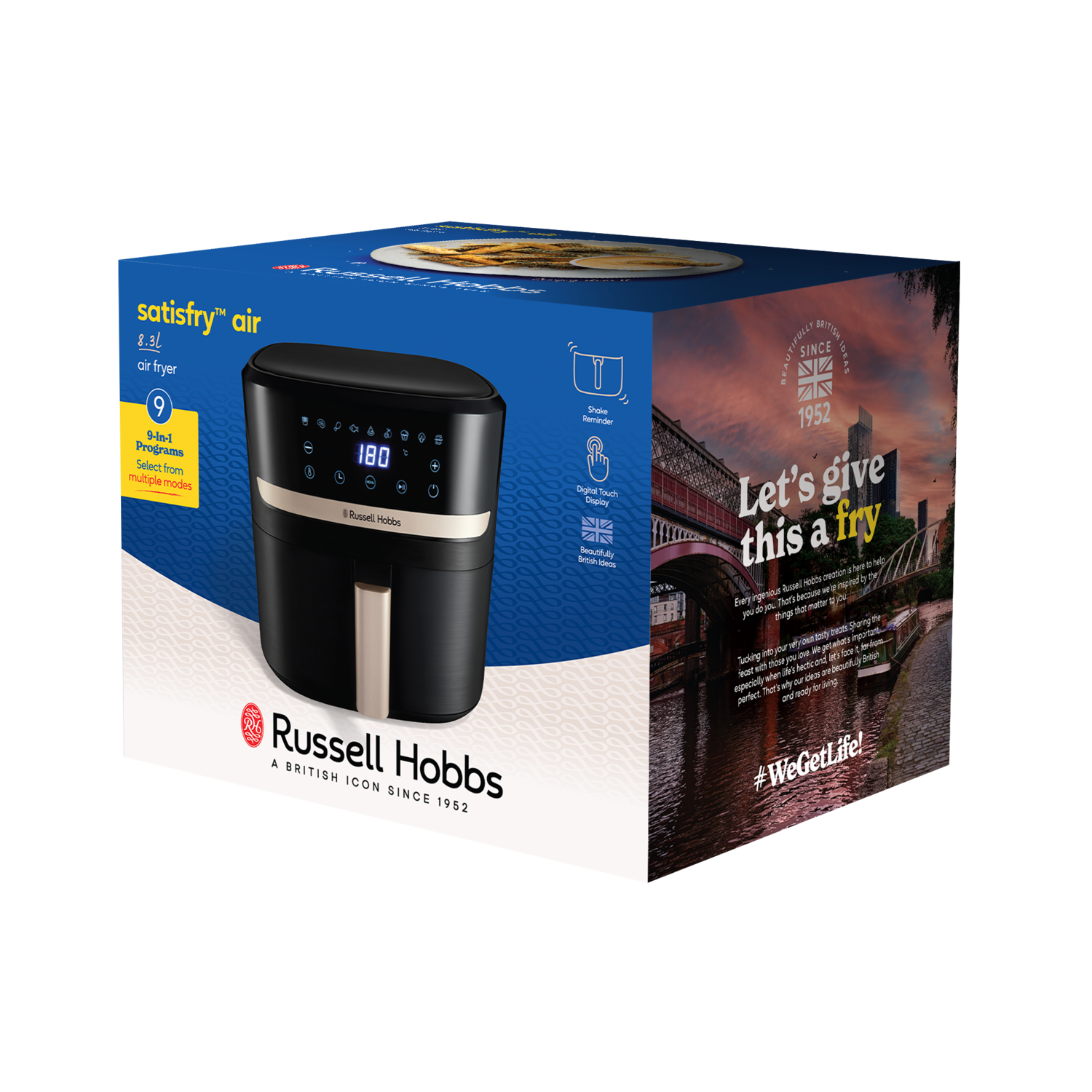 Zwarte en blauwe Russell Hobbs airfryer doos, met tekst, op witte achtergrond.
