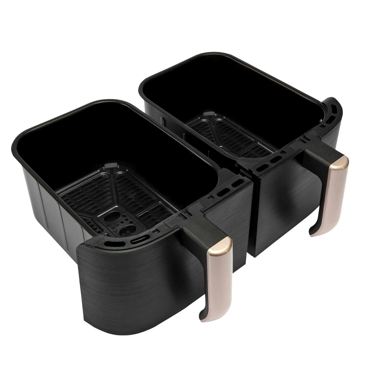 Two black air fryer baskets side-by-side with handles, on a white background.