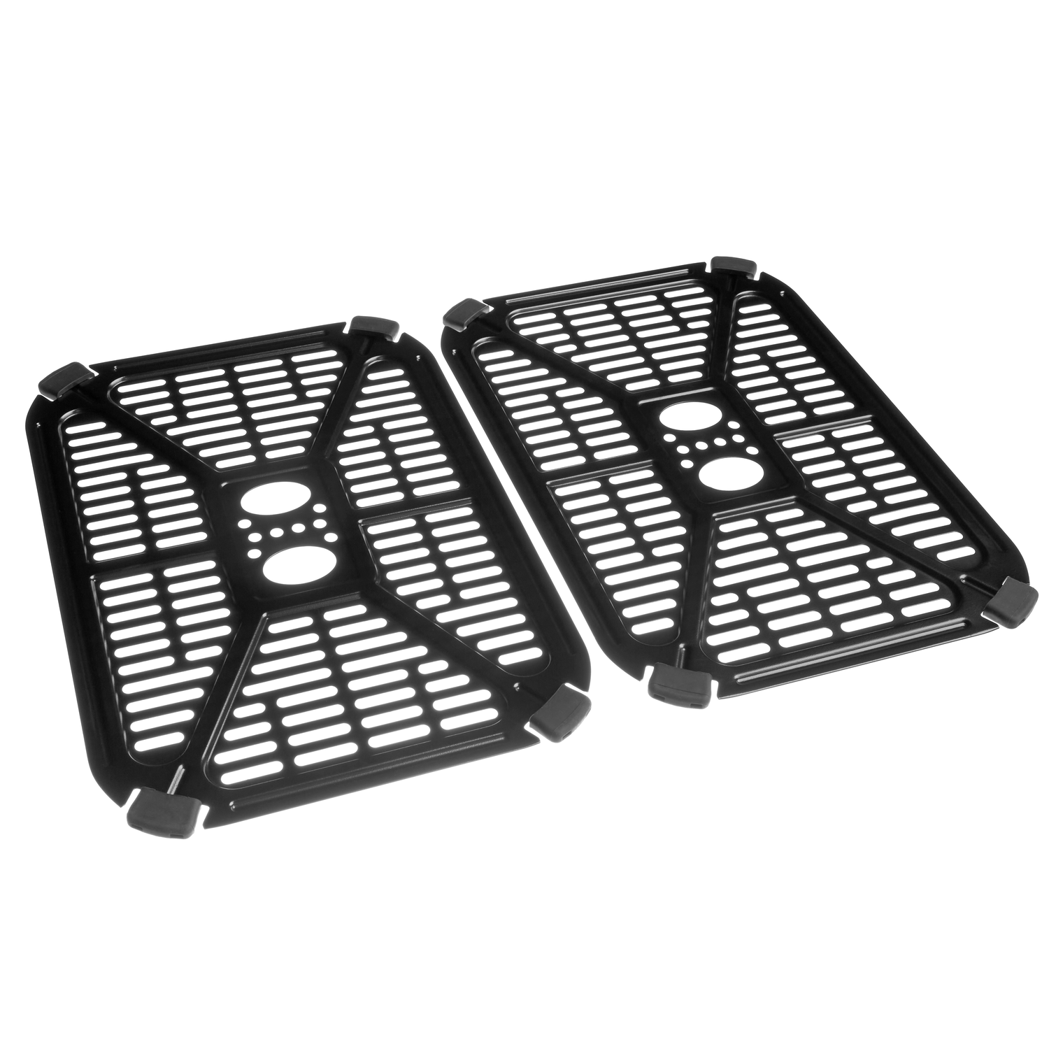 Two black, rectangular air fryer baskets with many small holes and rubber feet.