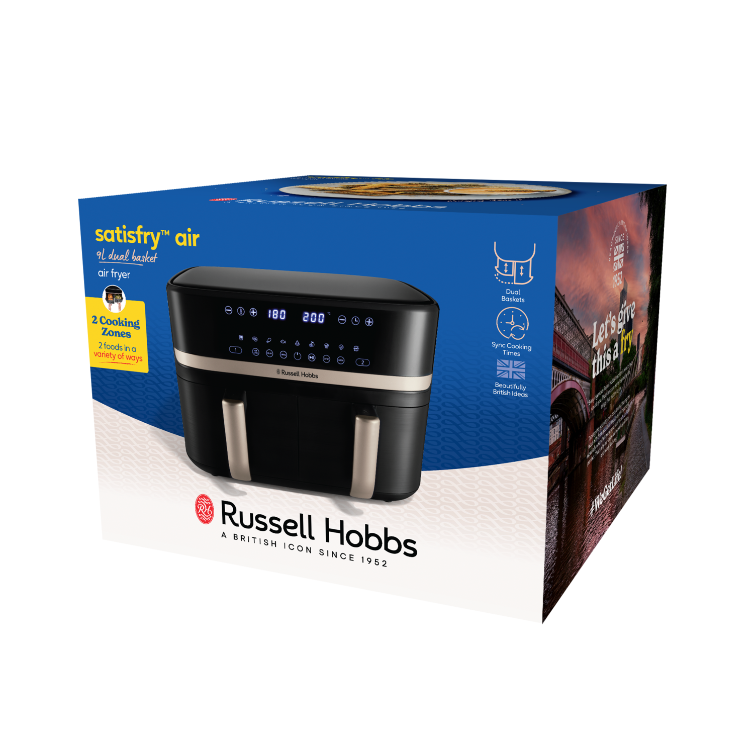 Air fryer in box, black and gold, text on box.