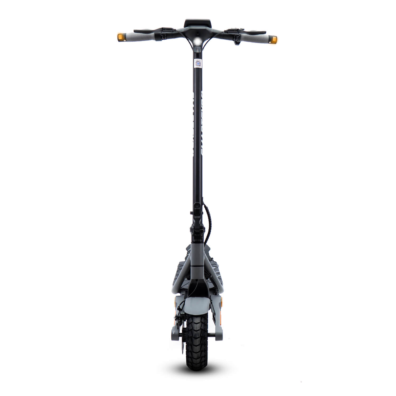 Vista frontal de un patinete eléctrico. Es gris y negro, con una sola rueda delantera.
