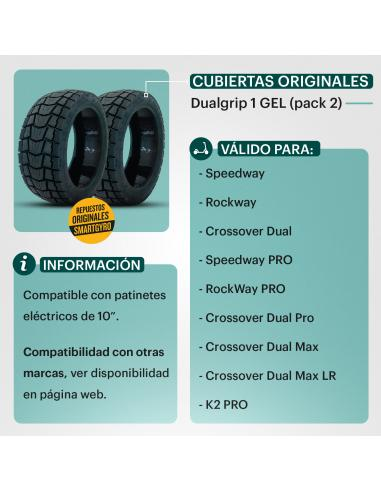 Dos neumáticos negros para scooter con una lista de modelos de scooter compatibles y especificaciones.
