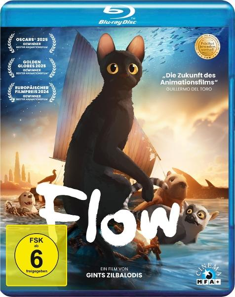 Flow Film Blu-ray-Cover mit einer Katze auf einem Boot.