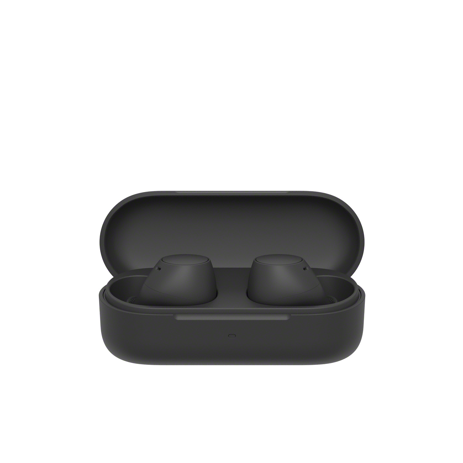 Black wireless earbuds and charging case, open, on a white background.