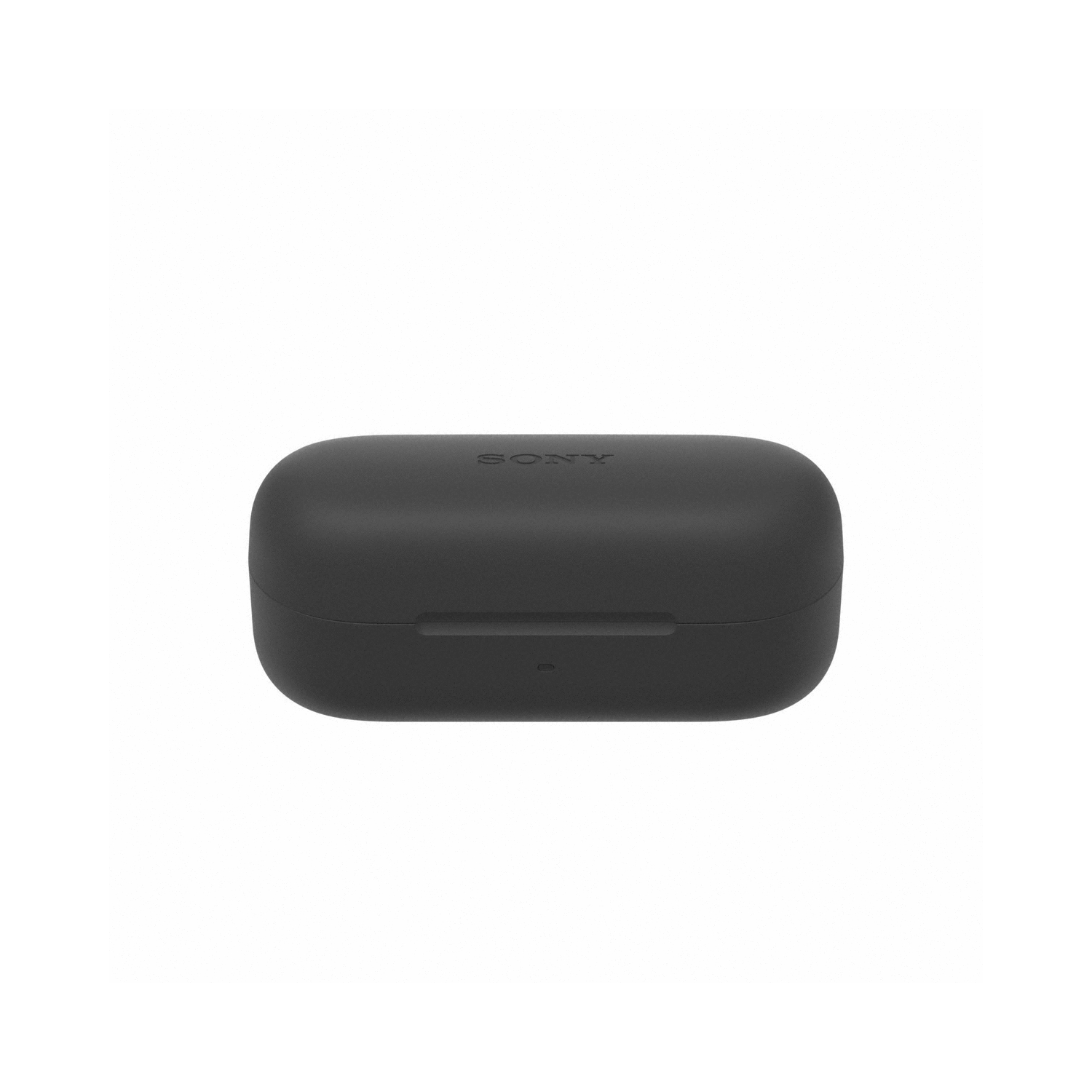 Black earbud charging case on white.