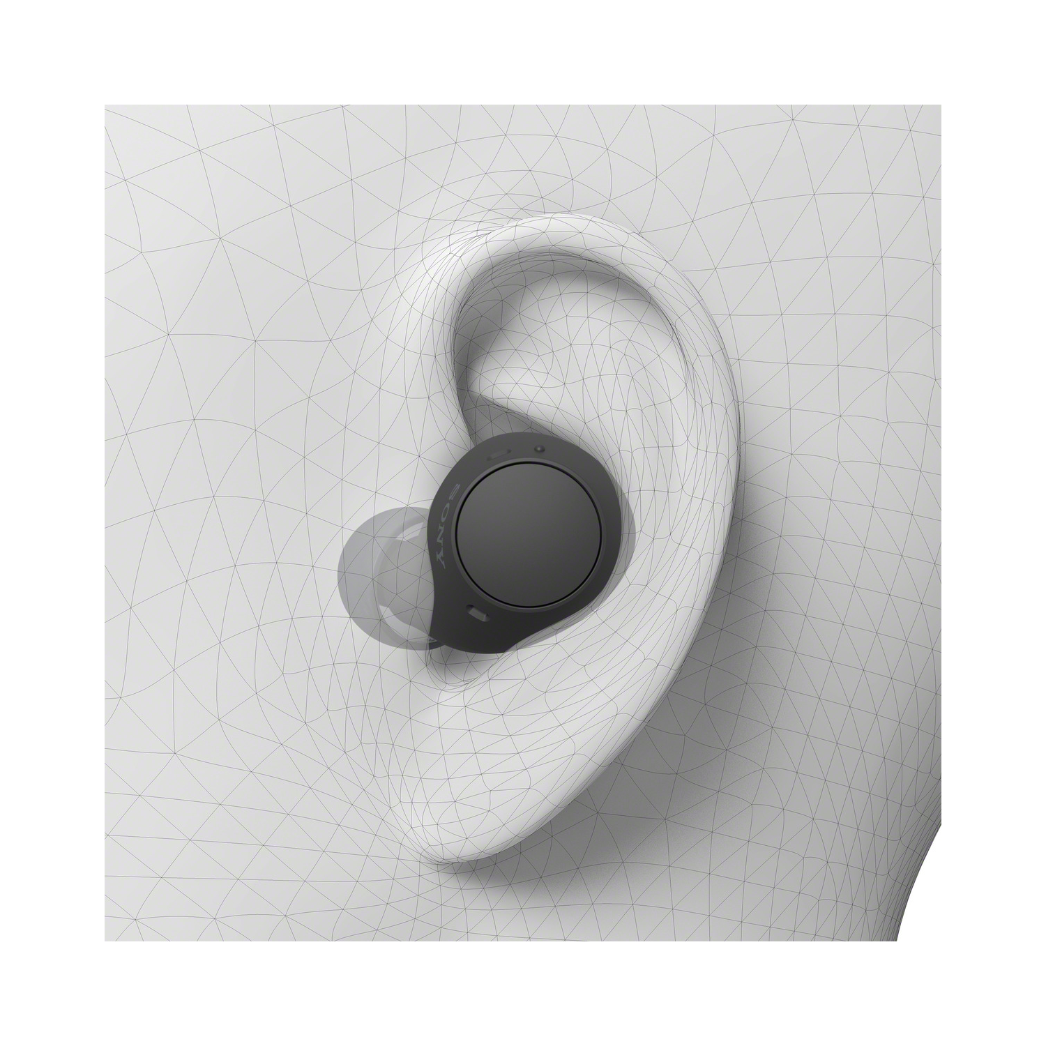 An ear with an earbud in it, showing a wireframe around the ear.