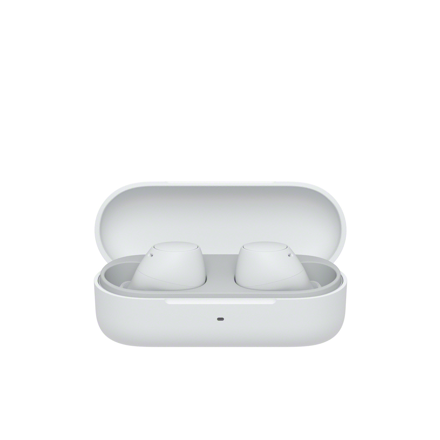 White earbuds in a white charging case. The case is open, showing the earbuds inside. White background.