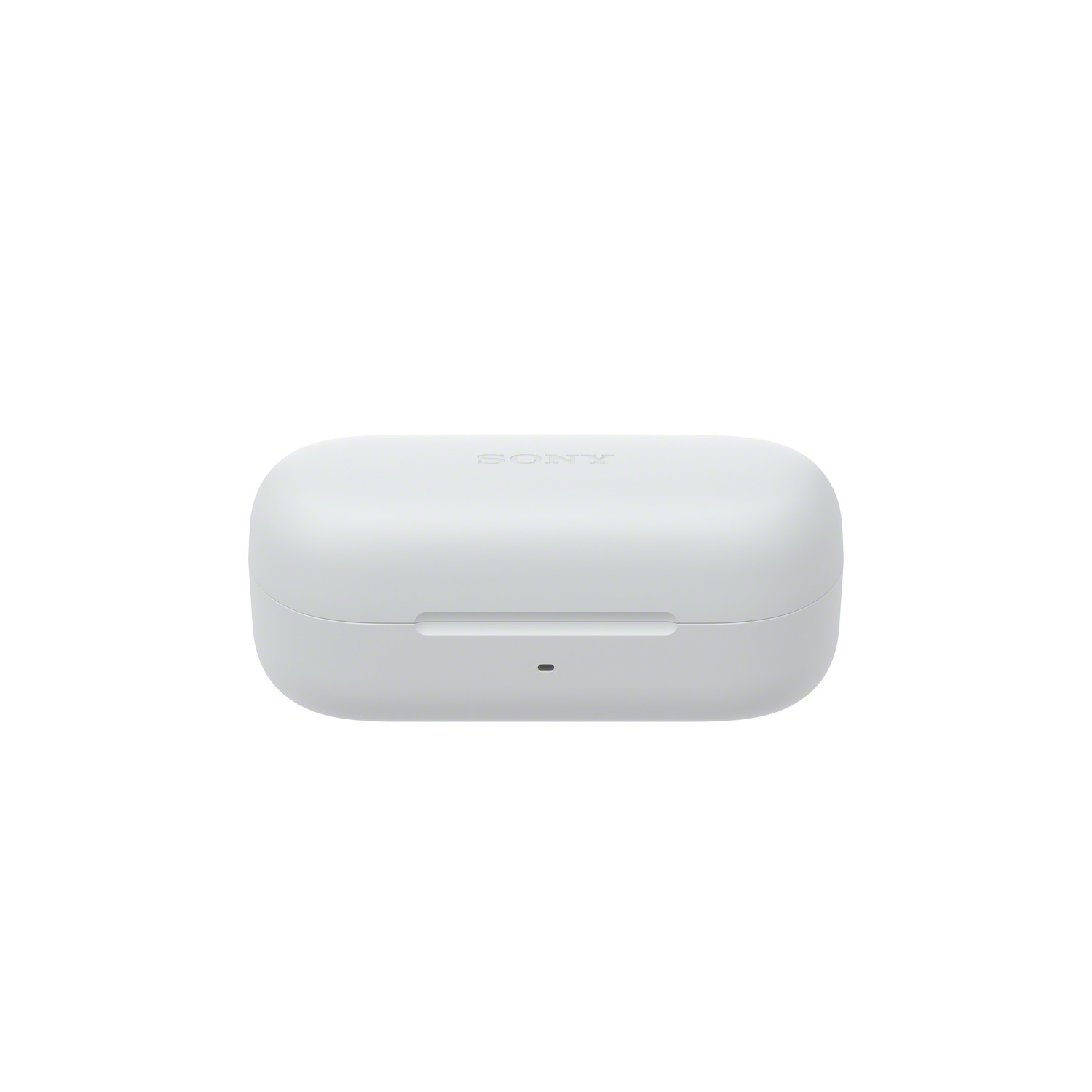 Closed white earbud charging case on a white background, with a small dot.