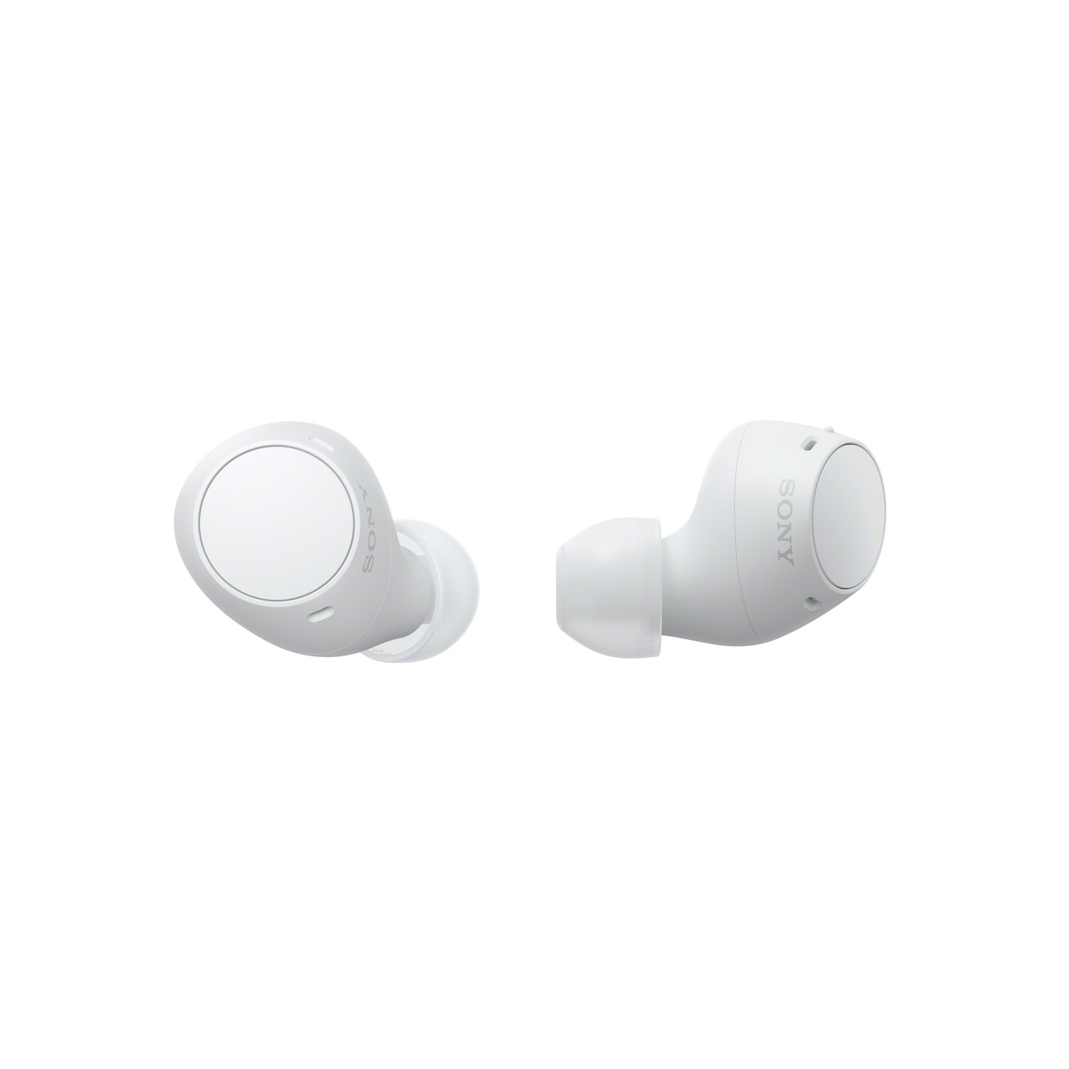 Two white Sony earbuds on a white background.