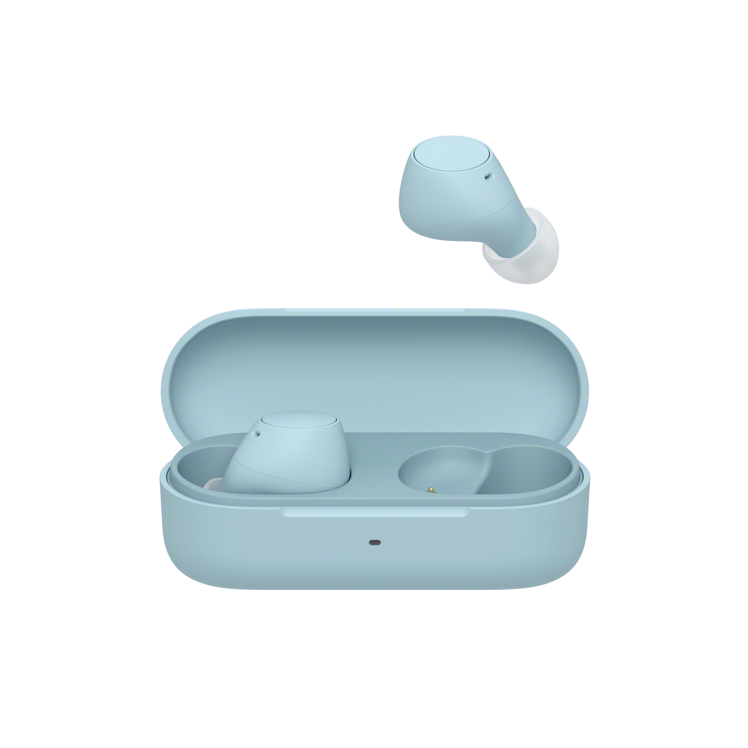 Light blue wireless earbuds and charging case against a black background. One earbud is separate.
