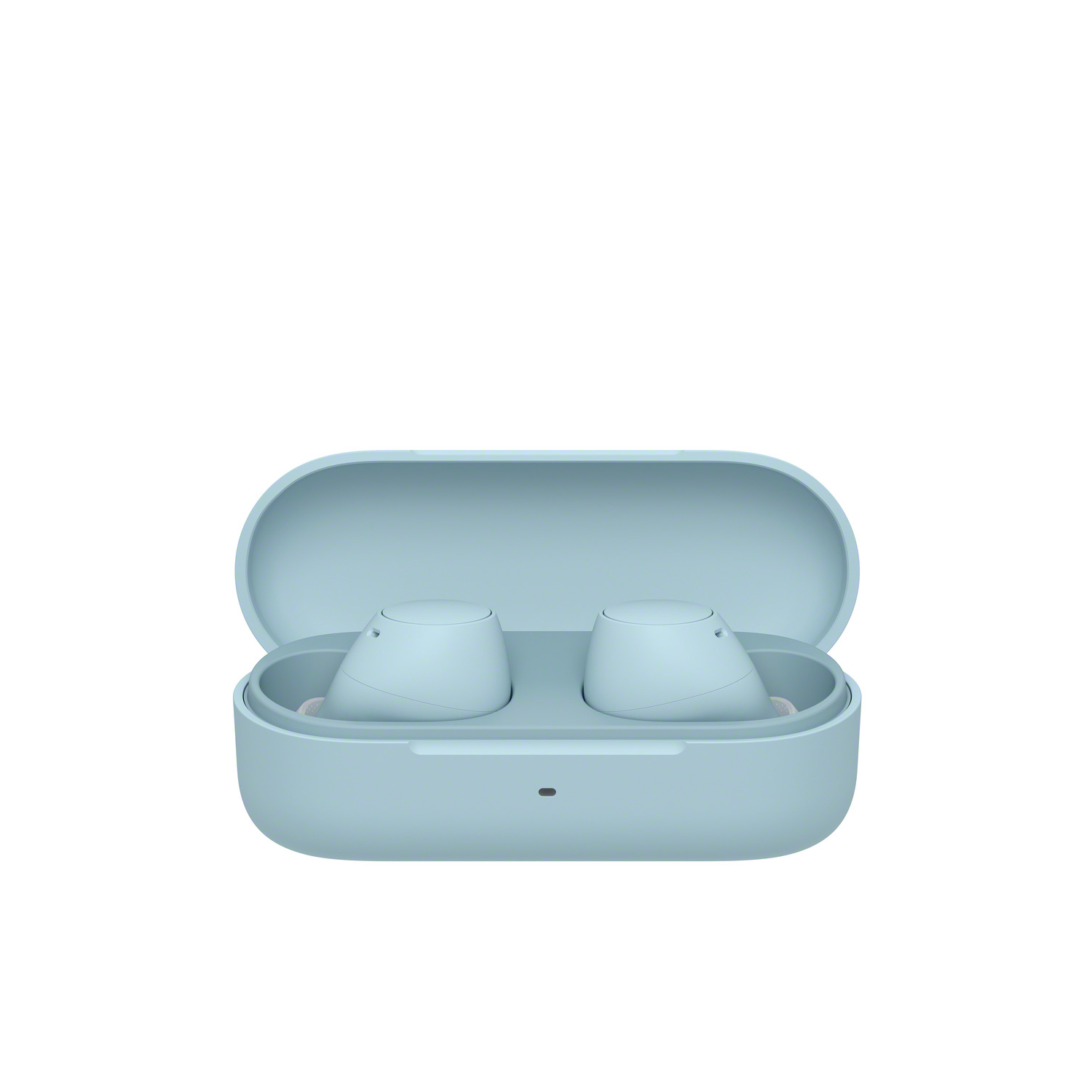 A light blue charging case with two light blue earbuds inside.