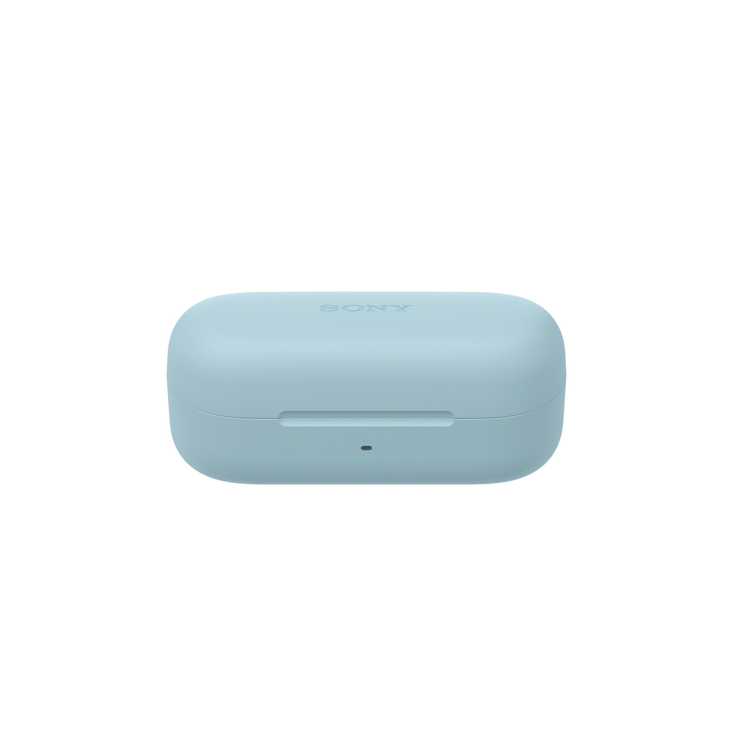 A light blue earbud case, closed, on a white background. A small light is visible.